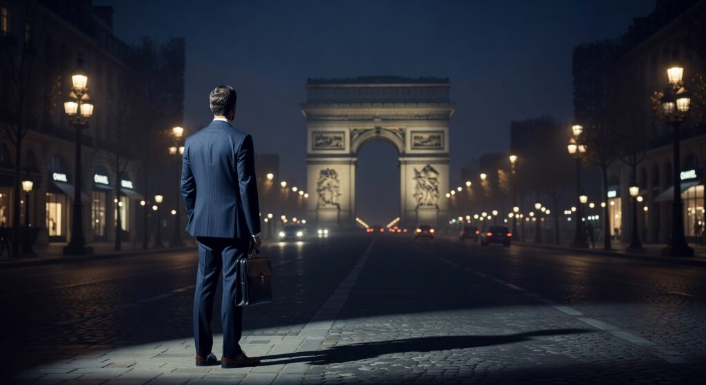Homme en costume bleu avec mallette regardant l'Arc de Triomphe illuminé sur les Champs-Élysées la nuit à Paris