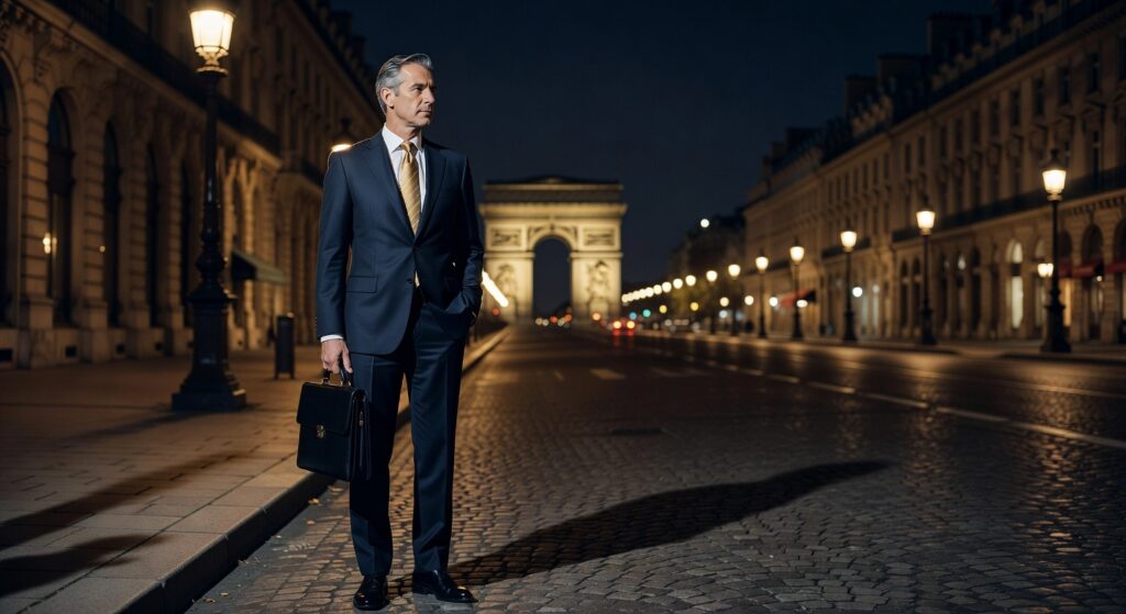 Homme d'affaires en costume bleu marchant sur les Champs-Élysées la nuit avec l'Arc de Triomphe en arrière-plan