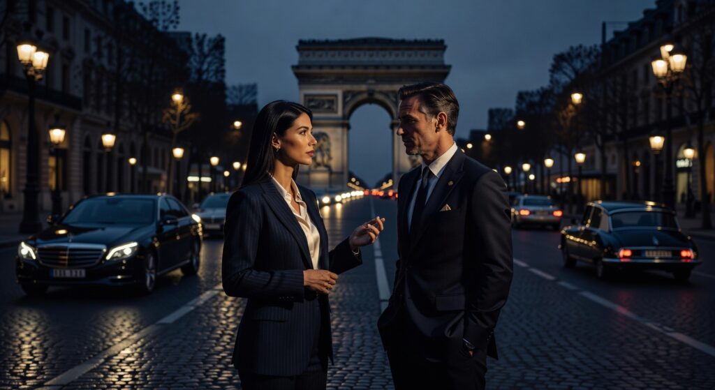 Homme et femme en costumes d'affaires sur les Champs-Élysées à Paris avec l'Arc de Triomphe en arrière-plan pour tournage corporate