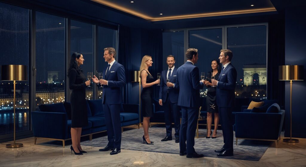 Professionnels en costume dans salon luxueux avec vue nocturne Paris, cocktail networking corporate événementiel