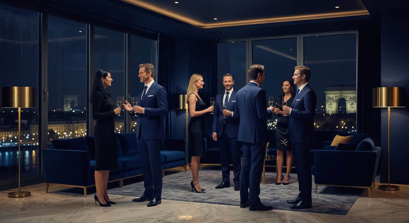 Professionnels en costume dans salon luxueux avec vue nocturne Paris, cocktail networking corporate événementiel