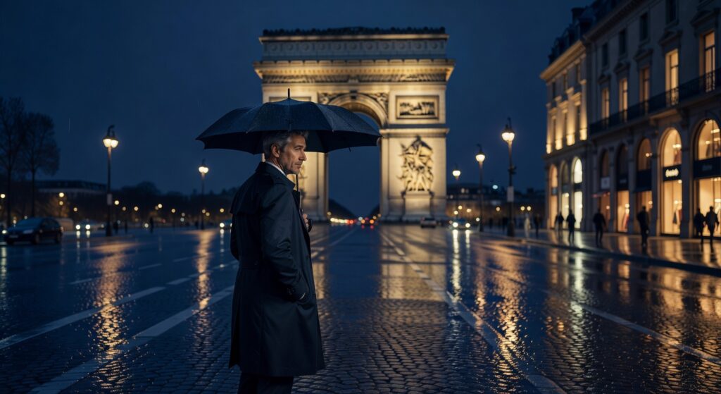 Homme en costume avec parapluie sous la pluie devant l'Arc de Triomphe illuminé à Paris, scene de film corporate