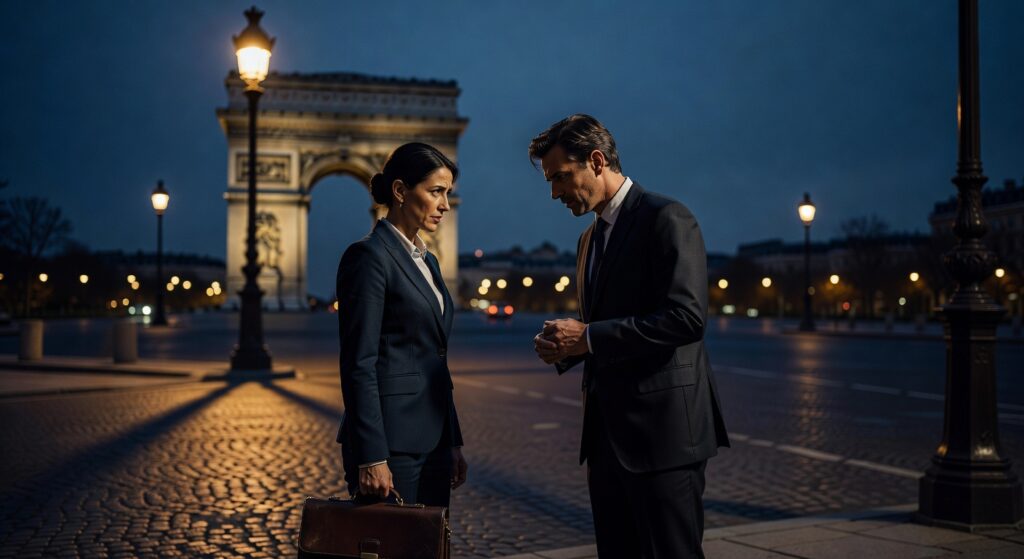 Deux professionnels en costume discutent devant l'Arc de Triomphe illuminé à Paris pour tournage corporate de nuit