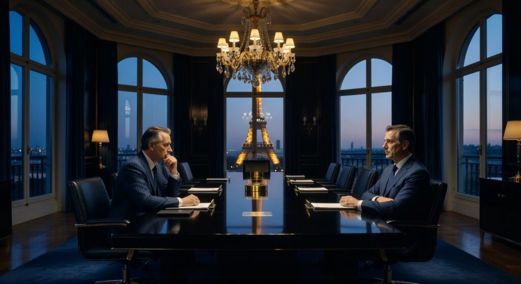 Deux hommes d'affaires en costume dans salle de réunion luxueuse avec vue sur Tour Eiffel illuminée, Paris