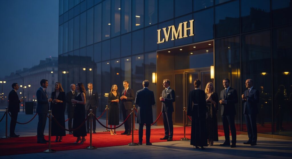 Soirée corporate de luxe devant immeuble LVMH avec invités en tenue de soirée sur tapis rouge, éclairage professionnel