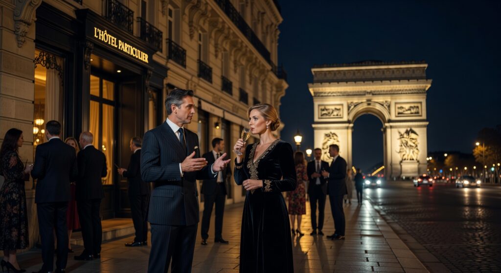 Couple élégant trinquant au champagne devant l'Arc de Triomphe à Paris lors d'un événement corporate de luxe