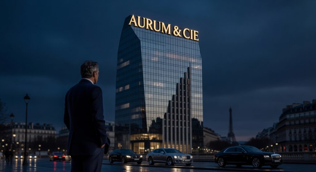 Homme d'affaires contemplant immeuble Aurum & Cie illuminé, voitures luxe, Paris nuit, production vidéo corporate