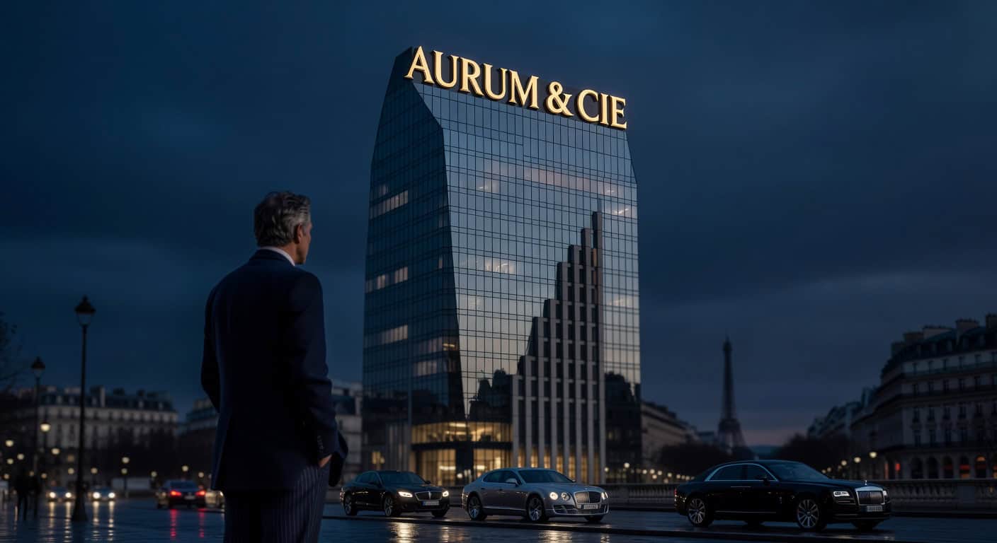 Homme d'affaires contemplant immeuble Aurum & Cie illuminé, voitures luxe, Paris nuit, production vidéo corporate