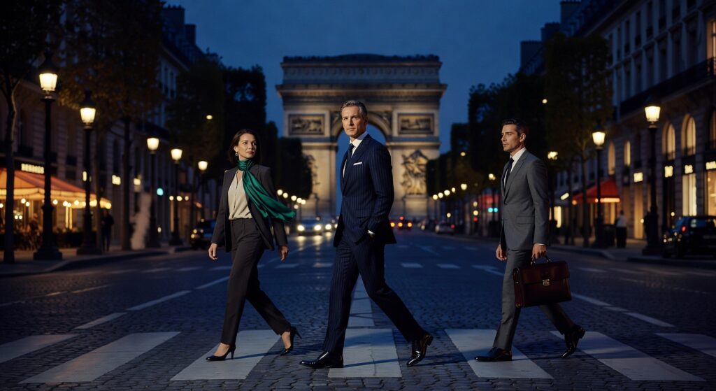 Trois professionnels en costume marchent sur les Champs-Élysées la nuit avec l'Arc de Triomphe illuminé en arrière-plan