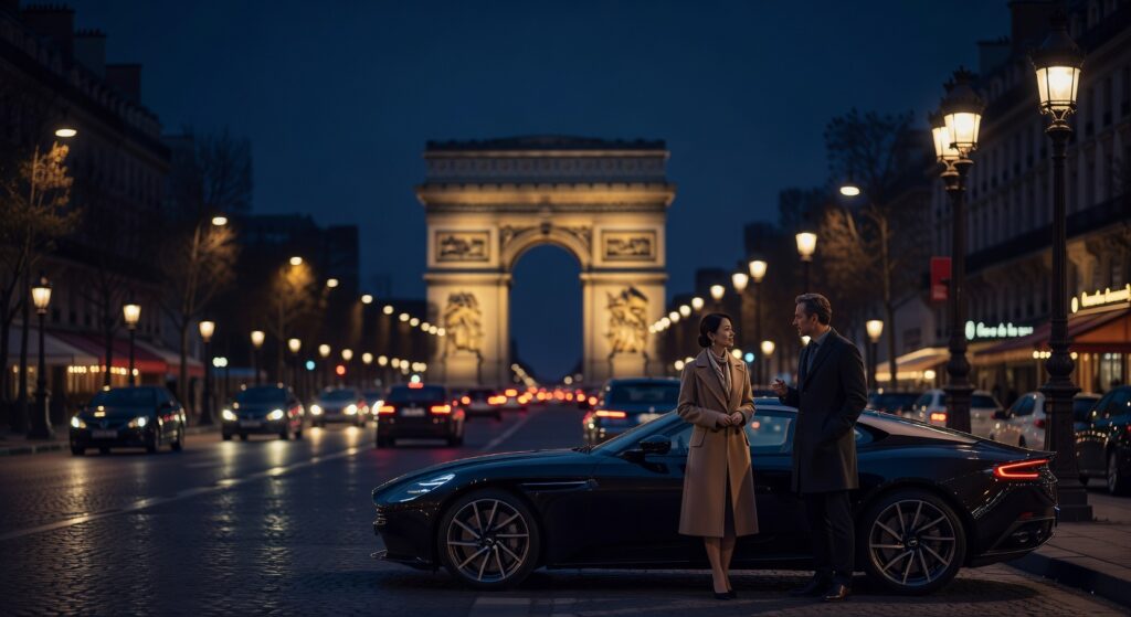 Couple élégant près voiture luxe Champs-Élysées Arc de Triomphe illuminé nuit production vidéo corporate Paris