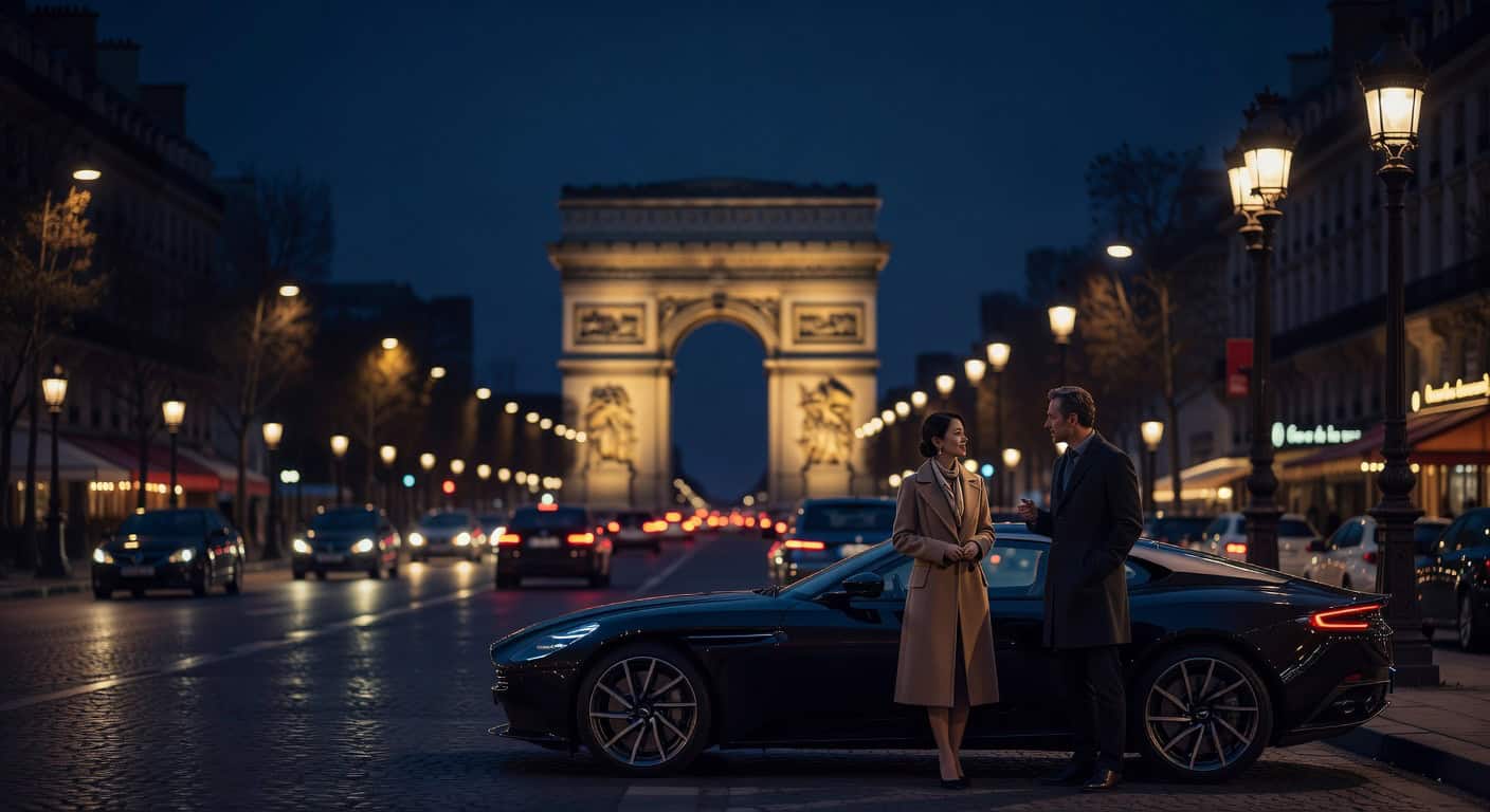 Couple élégant près voiture luxe Champs-Élysées Arc de Triomphe illuminé nuit production vidéo corporate Paris