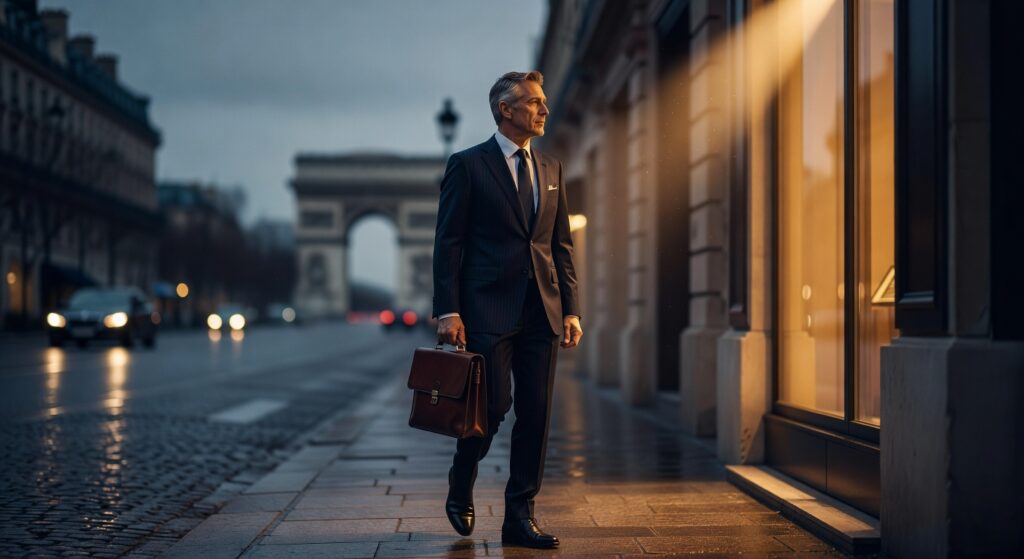Homme d'affaires en costume sombre avec mallette marchant sur avenue parisienne au crépuscule, Arc de Triomphe en arrière-plan