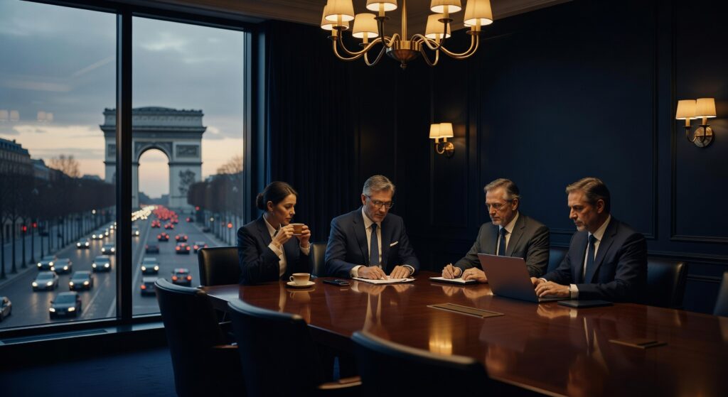 Quatre dirigeants en costume lors d'une réunion d'affaires dans un bureau luxueux avec vue sur l'Arc de Triomphe à Paris
