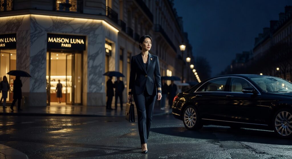 Femme élégante en costume noir marchant devant boutique Maison Luna Paris la nuit, voiture de luxe, éclairage cinématographique